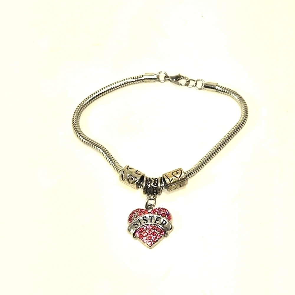 Charm Bracelet 7.5" Pink Rhinestone Sister Heart Silver Love Beads Lobster Clasp